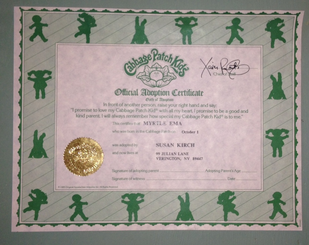 cabbage patch doll adoption certificate
